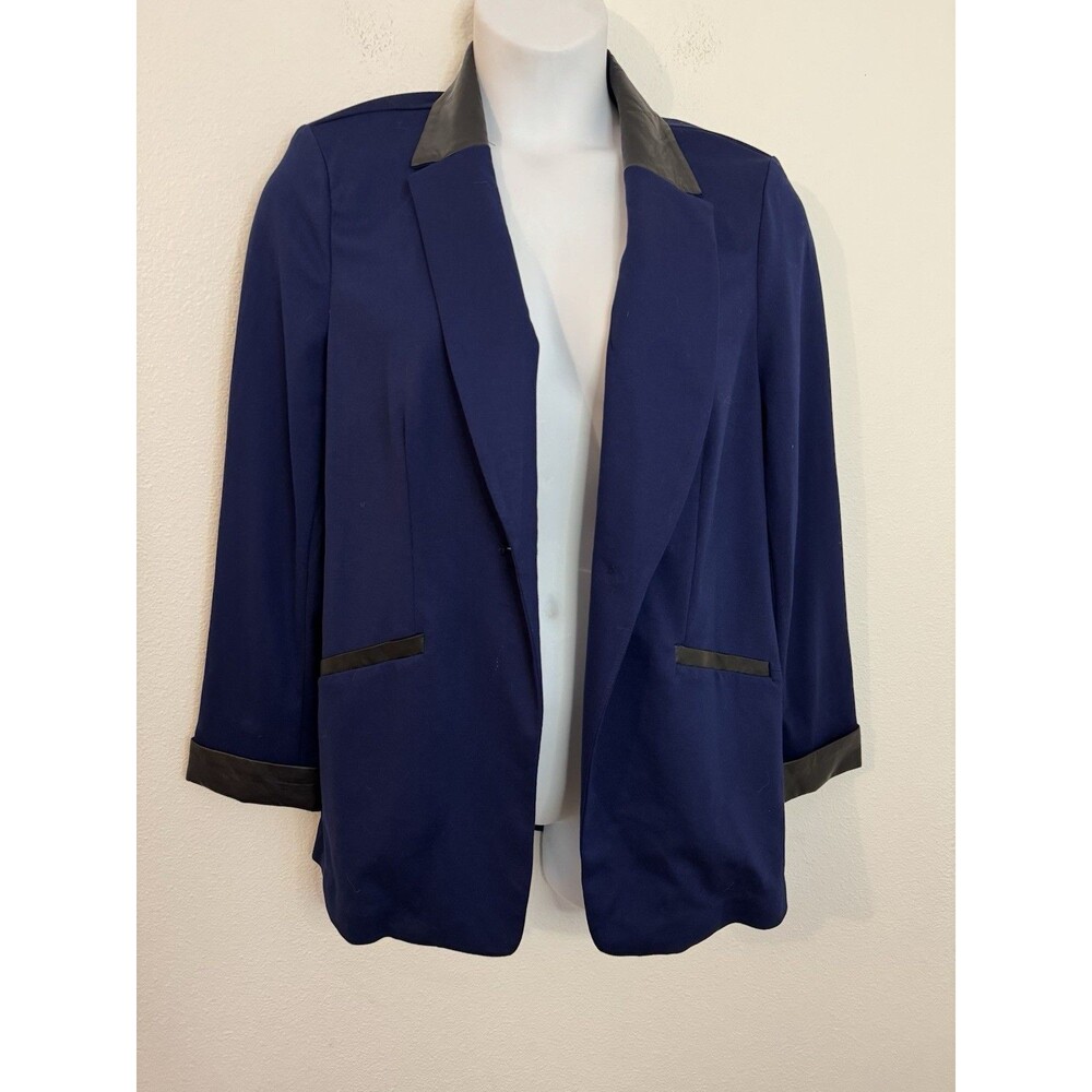 Susan Graver Blazer Smart Ponte Knit Navy Blue Faux Leather Trim Fall 14 New